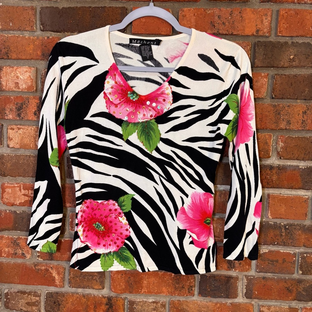 Mechant womens vintage zebra print embellished floral top pink/black/white S